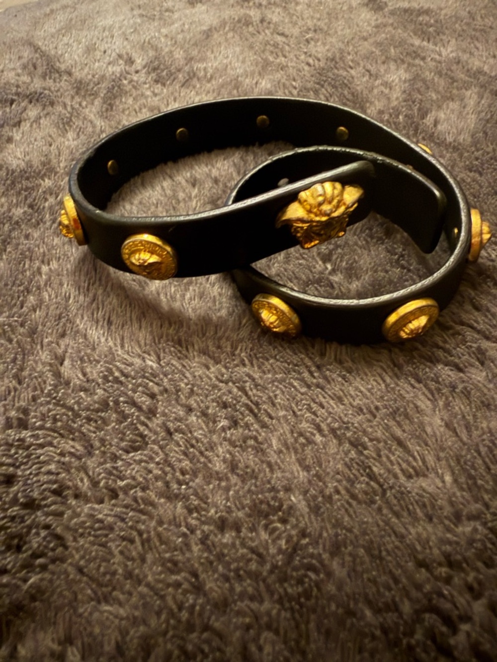 Versace Black Leather Bracelet with Gold Medallion Accents